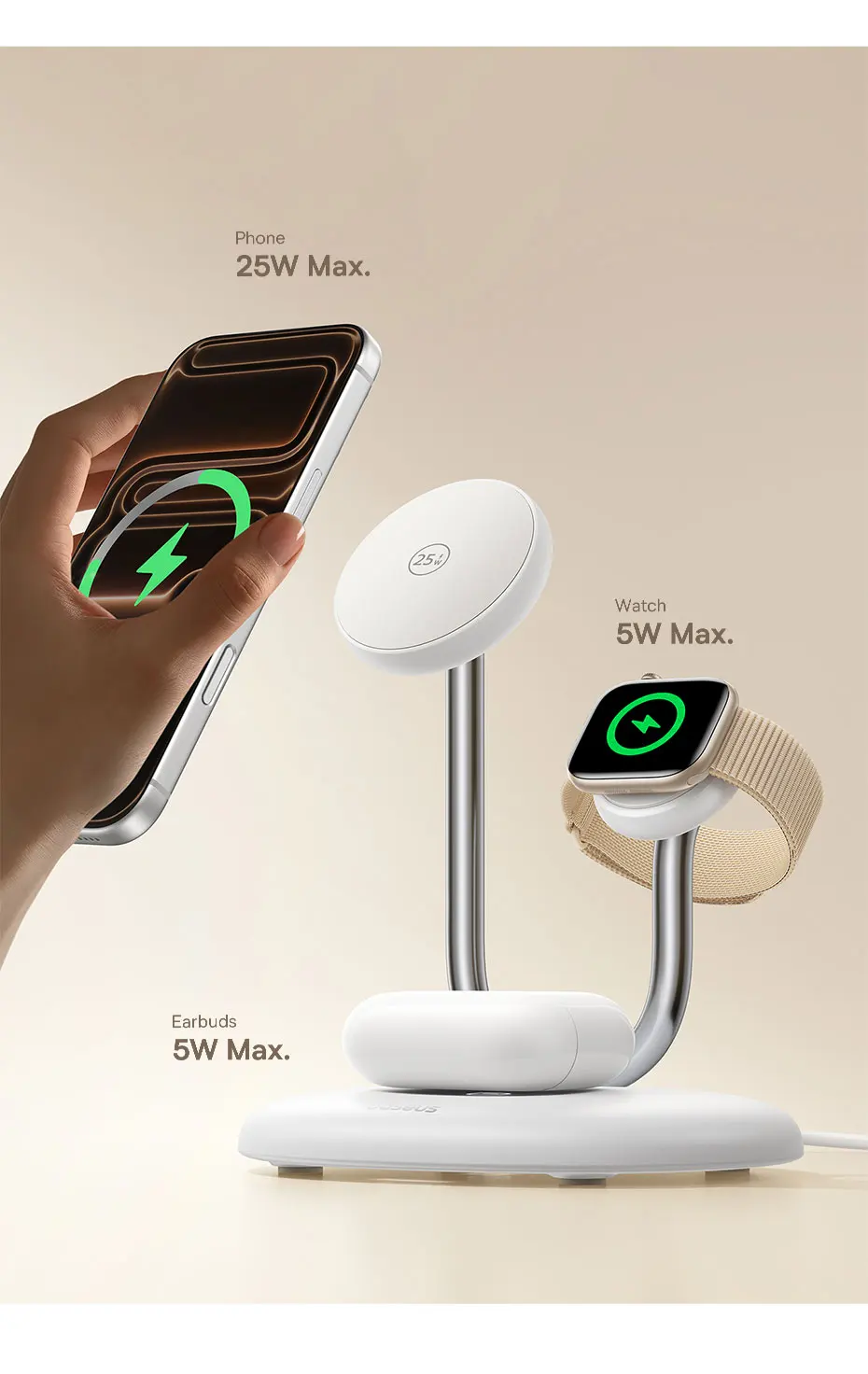 Baseus 3-in-1 Qi2 Magnetic Wireless Charger Stand 25W