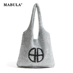 MABULA Large Capacity Fluffy Silver Crochet Tote Shoulder Bag Fashionable Trendy Women's Knitting Bags Sparkly Polyester Handbag