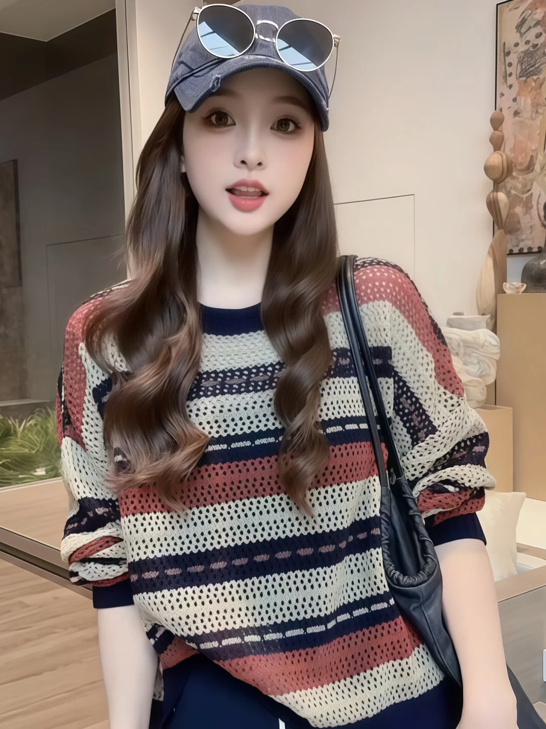 Faionable High-End Color Blo Hollow Suéter de malha feminino plus size Sli versátil Ele Top retrô solto ajuste longo...