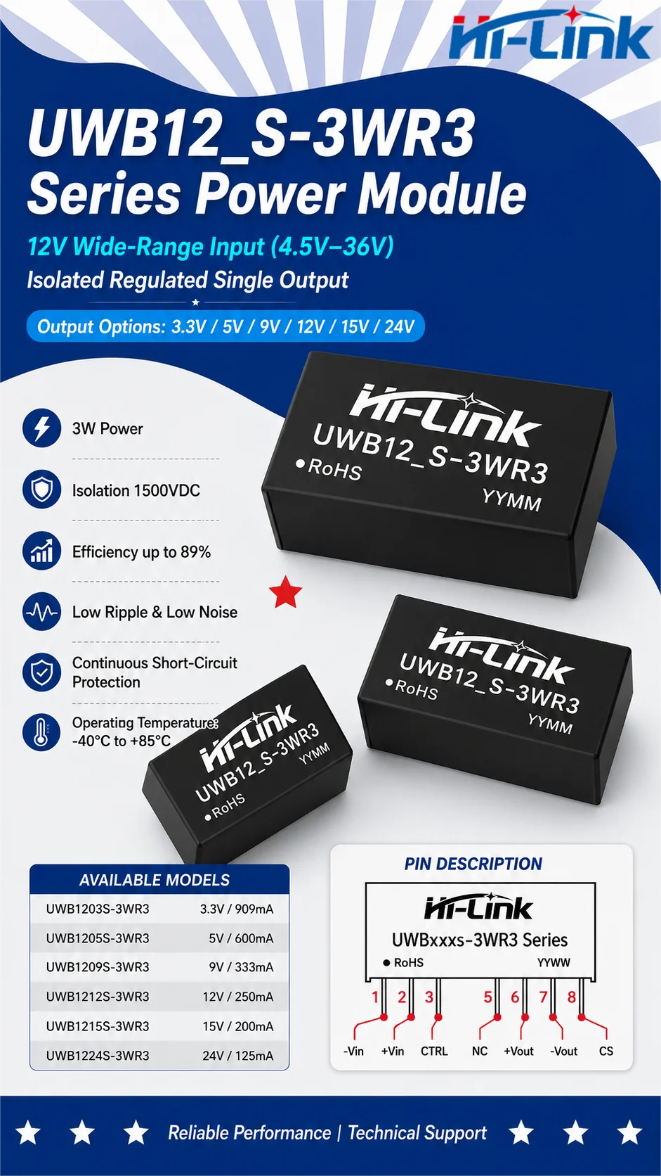 Hi-Link 3W SIP8 Compact Transfer Unit UWB1205S UWB1209S UWB1212S  4.5 To 36V Nominal 12V Input Standard Pin PCB Mount Component