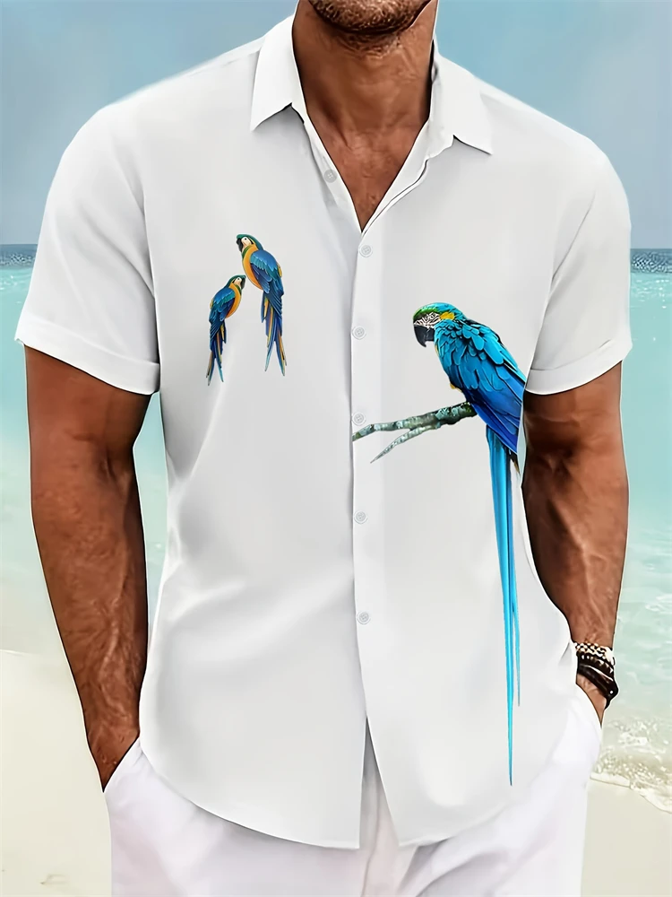 

Новая мужская синяя рубашка с короткими рукавами и лацканами с рисунком попугая, повседневная рубашка на пуговицах, летняя повседневная одежда, модная рубашка для отпуска