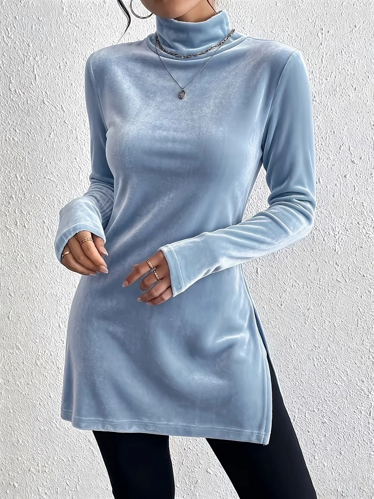 Women's Velvet Turtleneck Long Top with Side Slit, Slim Fit Long Sleeve Base Shirt for Fall and Winter, Cross-Border Wholesale