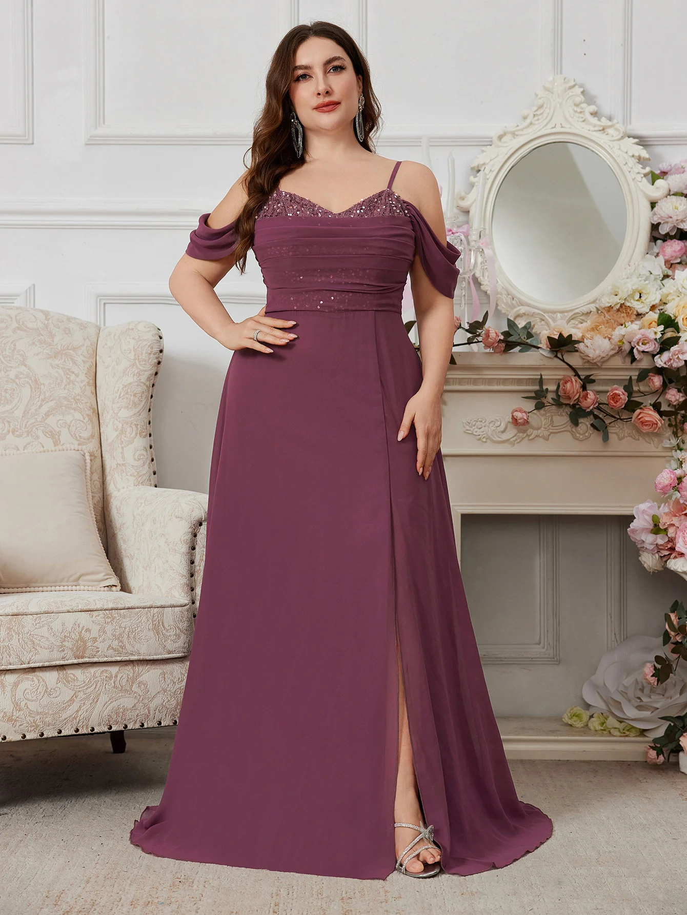 UNITHORSE Plus Size Backless Slit Dress With Sequin, Heart Neck Pleated Front, Recycled Fabric, Earth-Friendly Women's Dress view 3