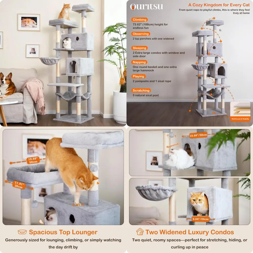 

Большая комнатная башня для лазанья для кошек высотой 73,6 с 2 квартирой, 2 широкими жердинами, покрытая сизалем для больших кошек