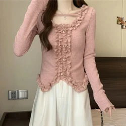 2024 French Temperament Long Sleeve Knitwear Spring and Autumn New Arrivals Slim Inside Join Lace Spliced Women's Pullovers Tops