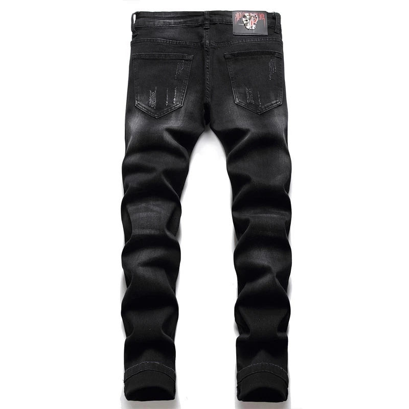 Nuovo marchio di moda da uomo ricamo Slim Jeans neri distintivo Punk Stretch Jeans strappati pantaloni Casual Streetwears abbigliamento