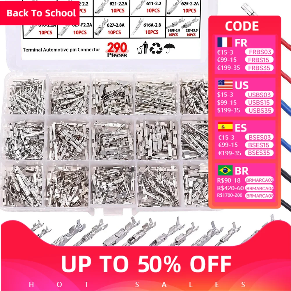 

290 шт. автомобильные клеммы для проводов, разъемы 1/1,5/1,8/2,2/2,8/3,5 мм, разъемы, клеммы, автоматические электрические мужские и женские обжимные штифты