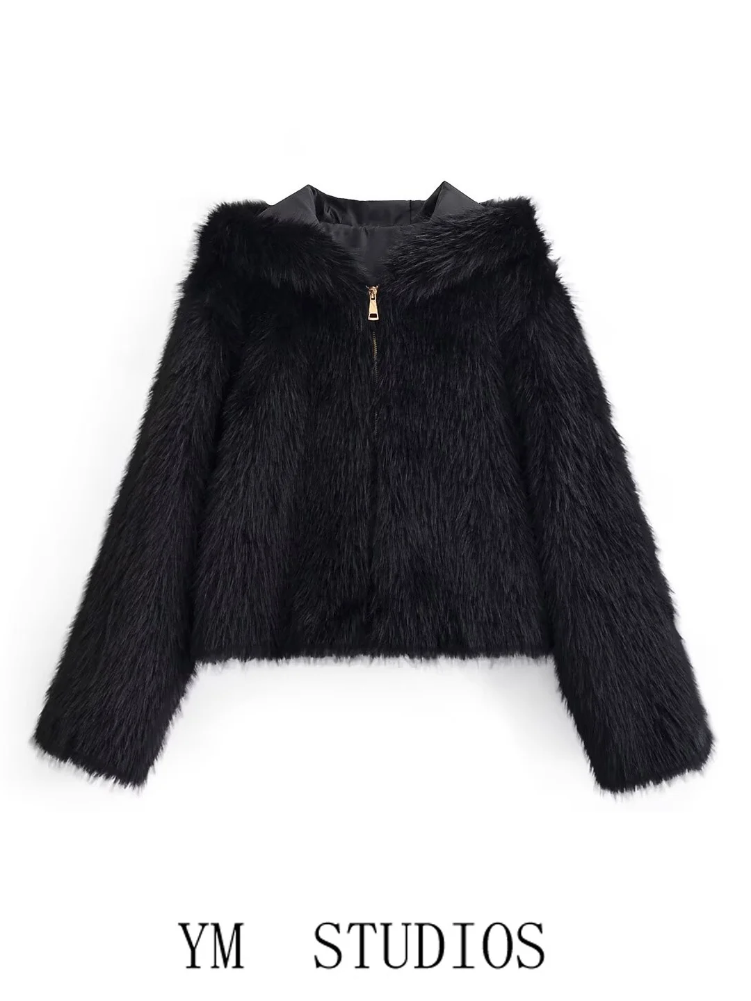 

Женская теплая зимняя куртка из искусственной кожи с капюшоном на молнии, имитация меха кролика, европейский стиль, длинный рукав, высокая талия