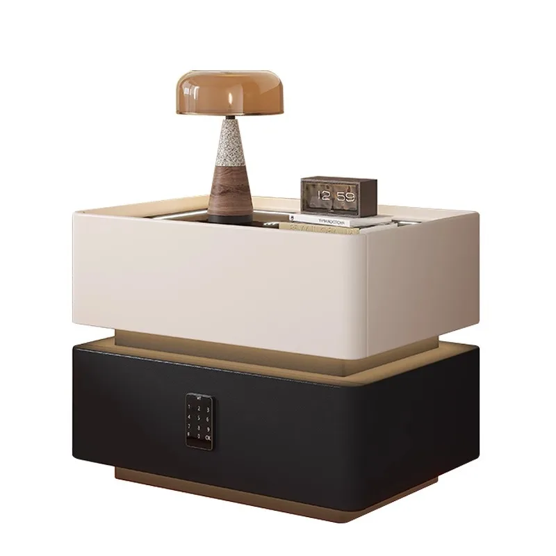 โต๊ะข้างเตียงอัจฉริยะทันสมัยพร้อมโคมไฟ ทำจากไม้เนื้อแข็ง ตู้เก็บของในห้องนอนสไตล์มินิมอลทันสมัยพร้อมสัมผัสแห่งเทคโนโลยี