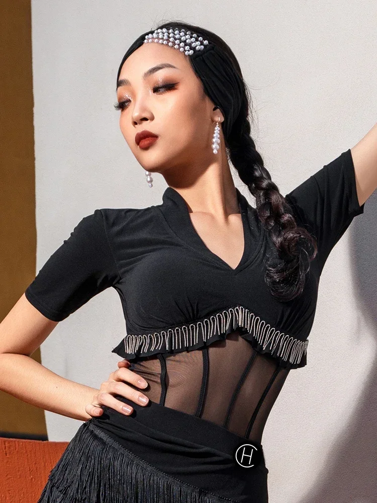 High Quality Rhinestone Latin Dance Outfit Jumpsuit Women's New Sexy Mesh V-neck National Standard Practice Outfit Dance Outfit