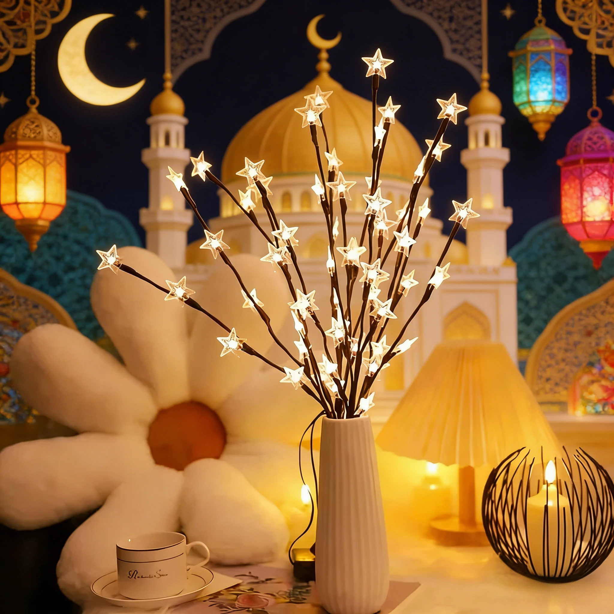 

Светодиодные гирлянды в виде звезды, луны и ветвей деревьев для Рамадана, на батарейках, исламский декор для дома, украшение стола к Ид Мубарак для гостиной