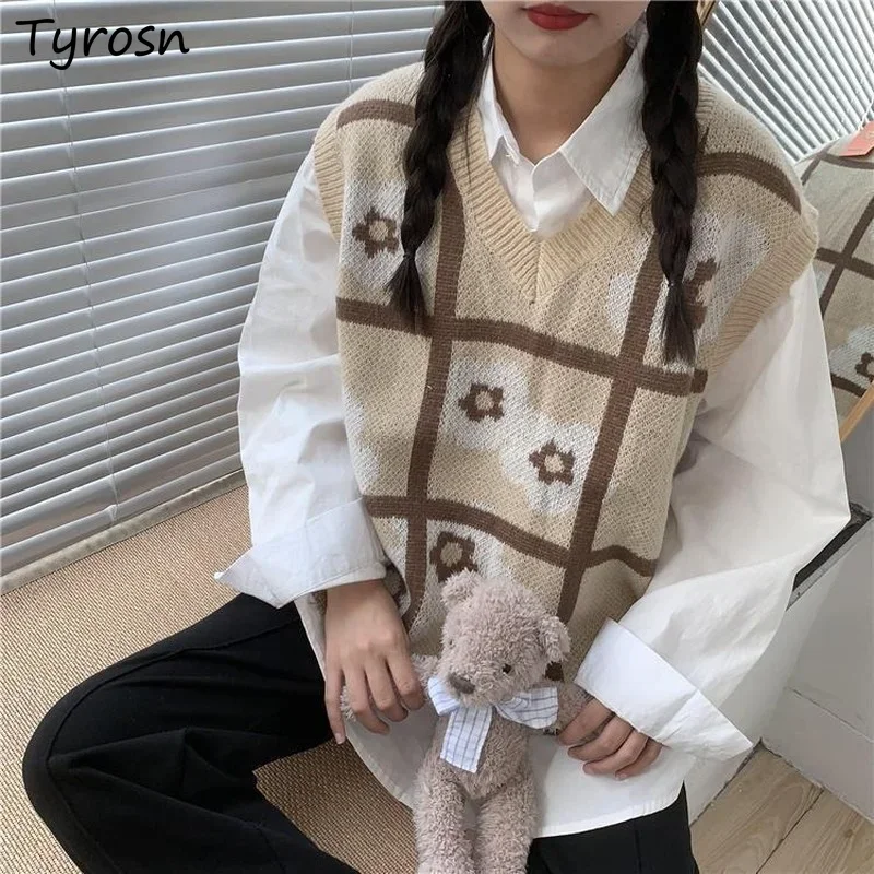 

Вязаный свитер с цветочным узором, жилеты без рукавов Kawaii, свободные студенческие универсальные весенне-осенние винтажные Ulzzang для отдыха, уличная новинка