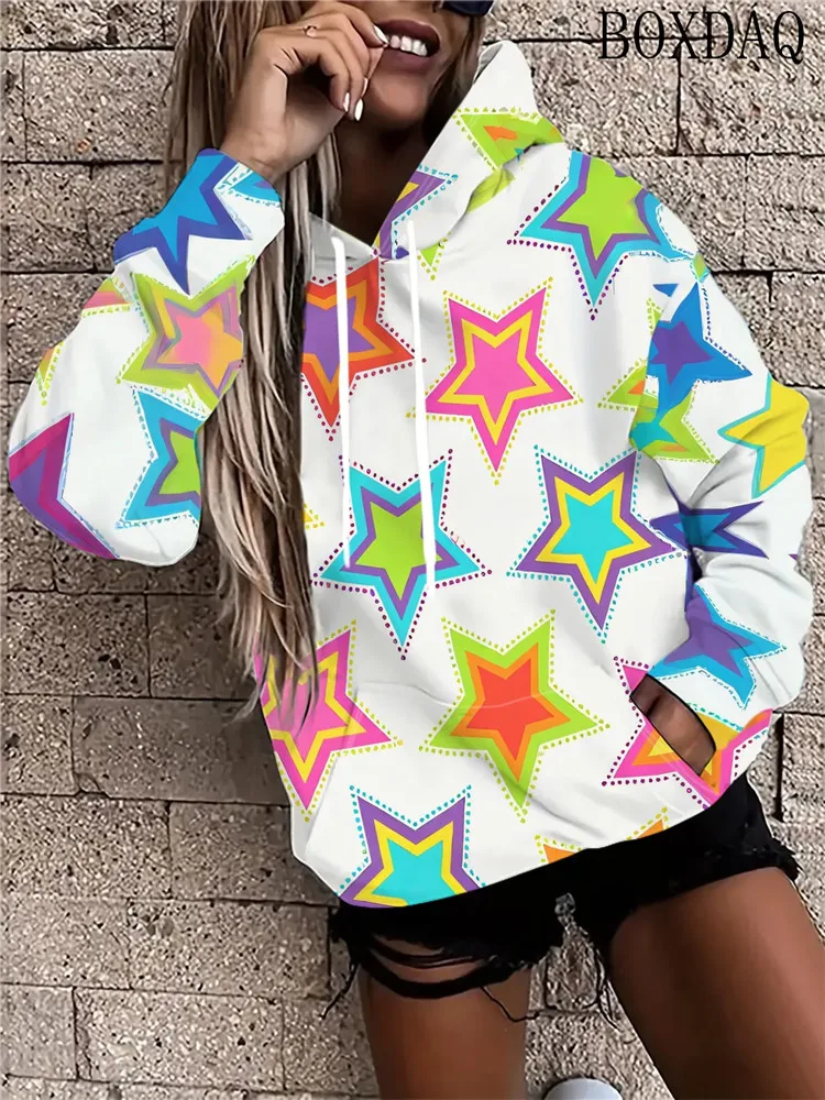 Women's Gradient Star 3D Print Hoodies Casual Long Sleeve Pullover Hooded Sweatshirt With Pocket Fashion Streetwear For Women