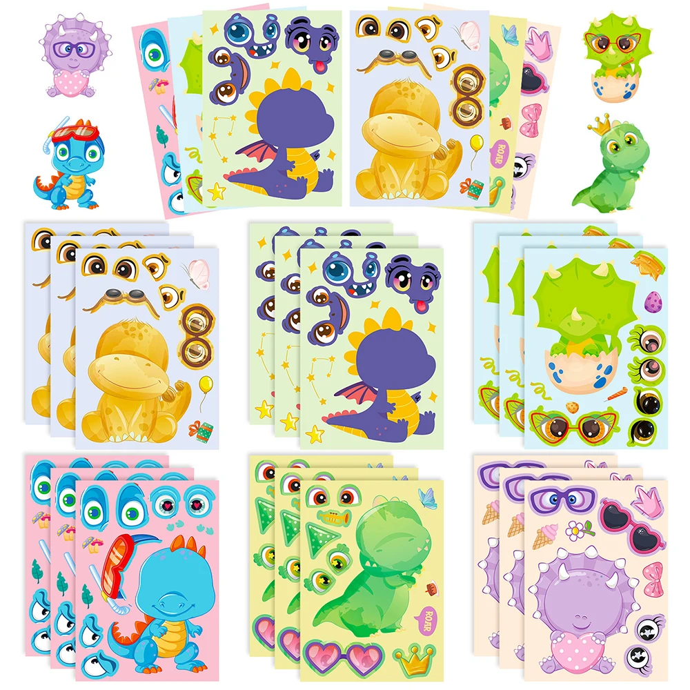 6/12 Vellen Schattige Cartoon Dinosaurus Gezicht Veranderen Puzzelstickers Voor Kinderen Speelgoed Anime Make-A-Face Diy Game Assembleren Puzzel Party Cadeau