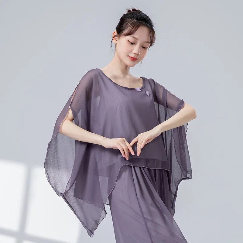 Top da danza classica Camicetta con maniche a pipistrello da donna Orlo irregolare Stile cinese Casual Stage Saree Abbigliamento Costume da spettacolo fluido