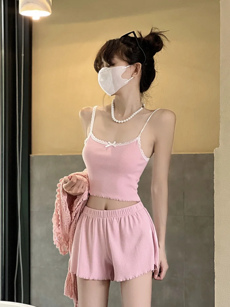 Sexy Spitzen-Knoten-Trägerweste und hohe Taille, zweiteiliges Set für Damen, Sommer-Faion-Outfit für junge Frauen