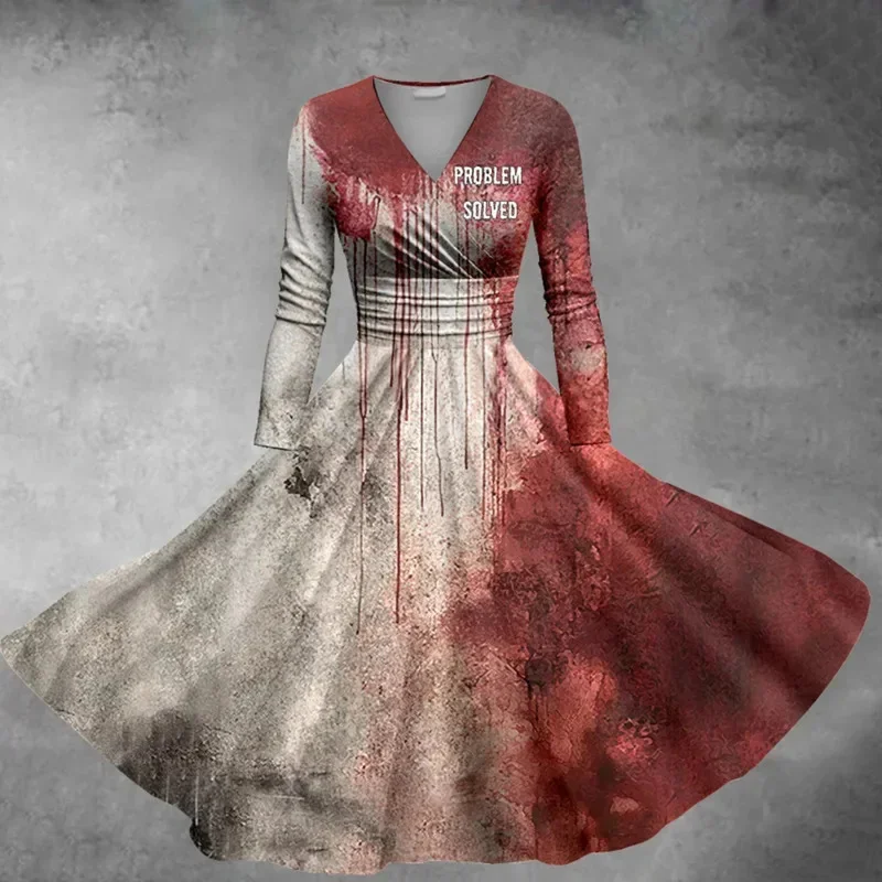 2024 Halloween V Collar Long Sleeved Dress Terror Blood Handprints And Bloodstains Leisure Slimming Outdoor Cosplay Clothing