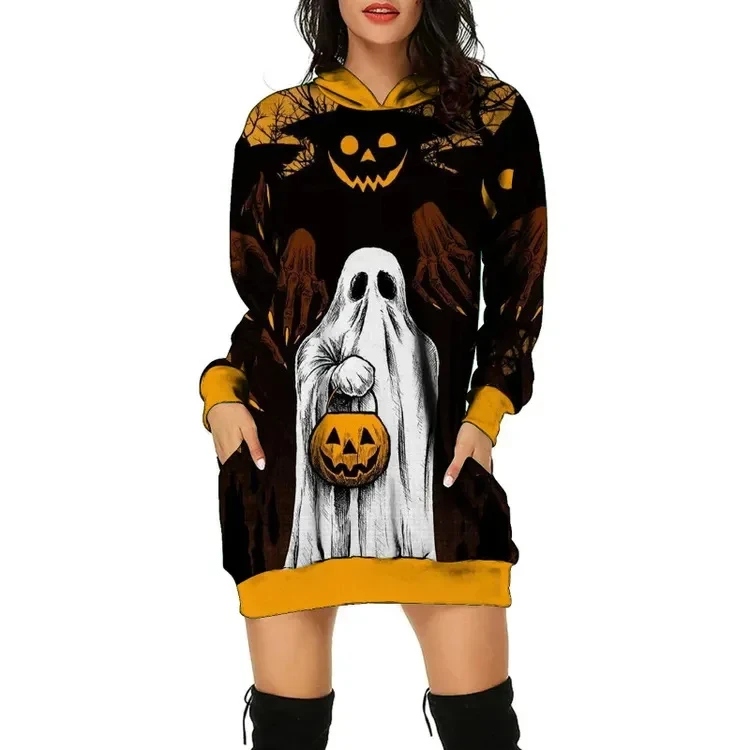 Halloween Cat Pumpkin Printed Hoodie Dress Women's Daily Workout Hoodies Long Sleeve Pullover Autumn Loose Tee Traf Vestido