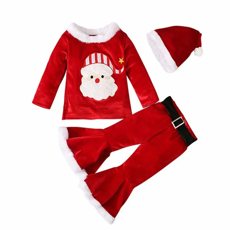 أطفال تأثيري سانتا كلوز زي أفخم 3 قطعة دعوى عيد الميلاد كرنفال زي حفلة تنكرية الفتيات الأحمر عيد الميلاد مجموعة قبعة + بلايز + مضيئة السراويل