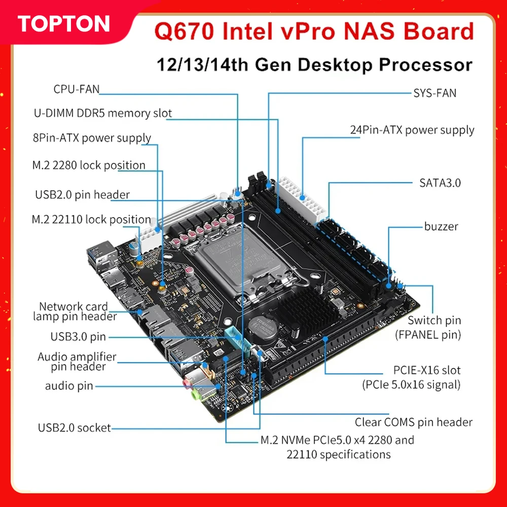 

Topton 12/13/14th Gen LGA1700 CPU NAS Motherboard Q670 Intel vPro 8-Bay 3x NVMe 8xSATA3.0 Soft Routing 2*DDR5 HDMI2.0 Mainboard