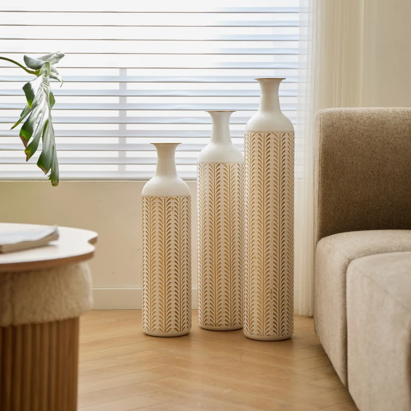 طقم أرضية حديثة باللون الأبيض مكون من 3 قطع لتزيين المنزل ومزهرية معدنية مزججة كبيرة #3