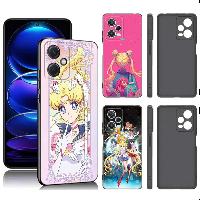 Cute S-Sailor Moon Black Silicone Phone Case For Xiaomi Redmi Note 9 10 11 11S 11T 12 13 Pro 5G Plus 9S 10S 12S