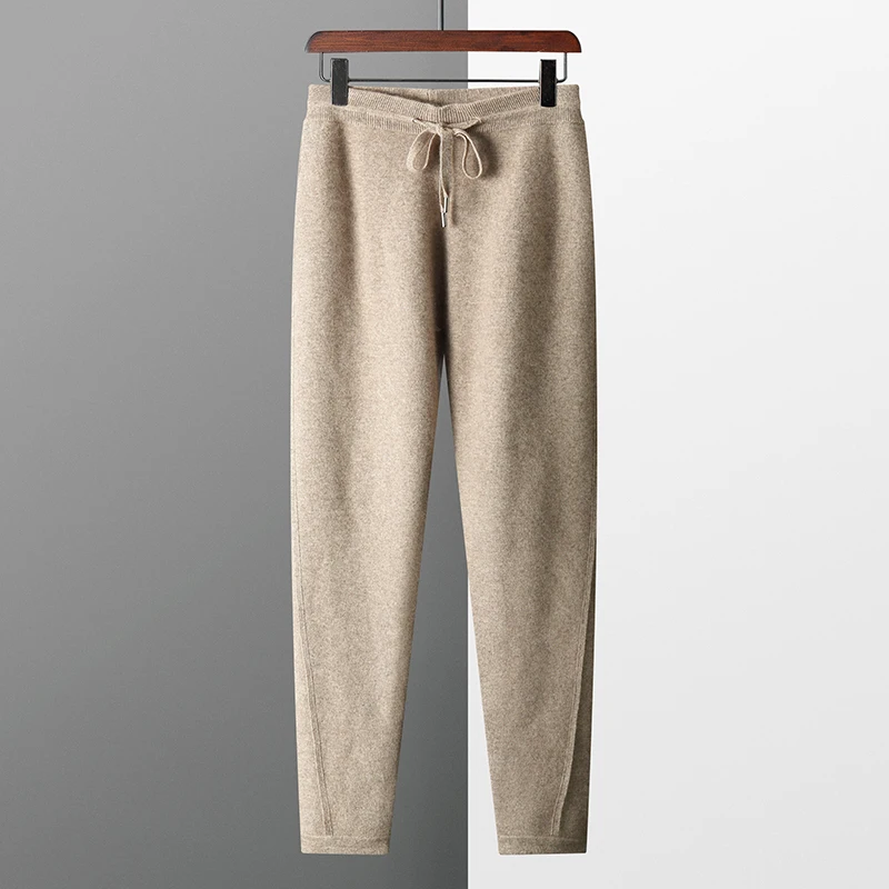 

RONGYI 100% Goat Cashmere Men's Business Casual High Waist Knitted Leggings Size Pants Autumn Winter Thickened Warm Solid Color