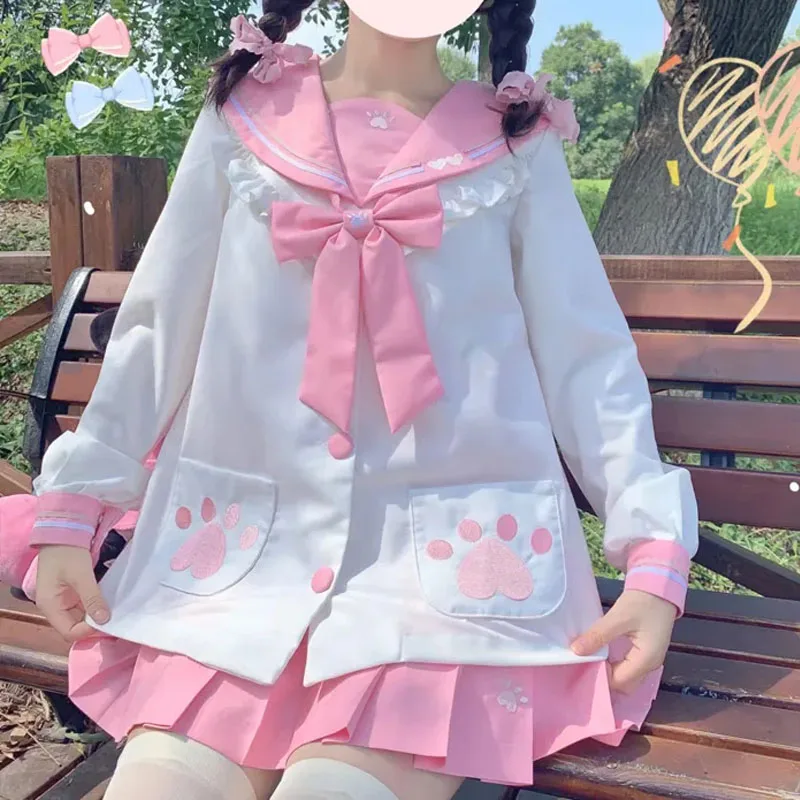 

Kawaii Japan JK униформа с милым матросским воротником в студенческом стиле, новая рубашка розового и белого цвета с длинными/короткими рукавами, плиссированная юбка с галстуком-бабочкой