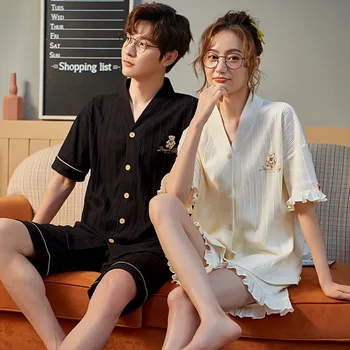 여성용 코튼 카디건 잠옷, 2024 커플 홈웨어, 짧은 수면 상의, 반바지 라운지웨어, 남성용 잠옷, Pjs Hombre, 여름 신상