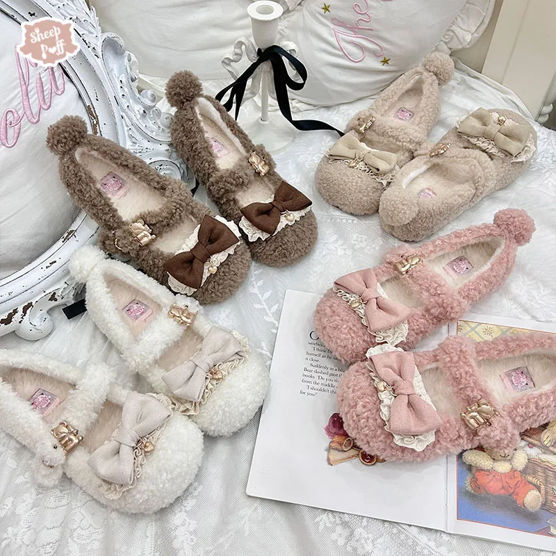 الخريف والشتاء فروي لطيف Bowknot حذاء فردي مع الدب الذيل الديكور لوليتا الشتاء الصوف لطيف حذا فردي للسيدات أحذية امرأة #3