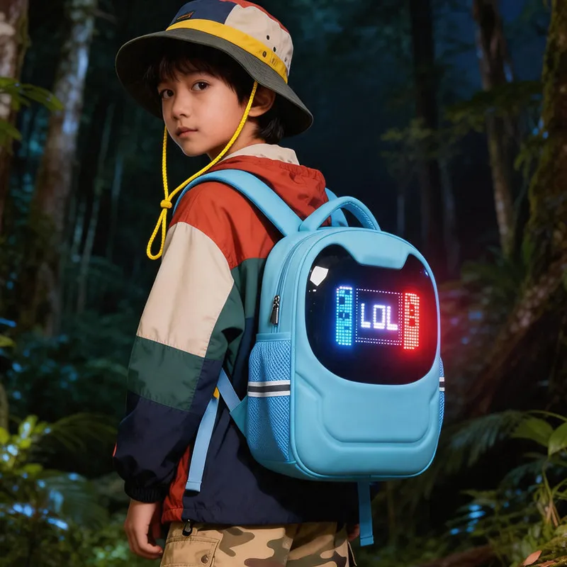 cartoon-style-backpack-shoulder-bag-blue-cat-shape-led-bag-fashion-waterproof-reflective-schoolbag