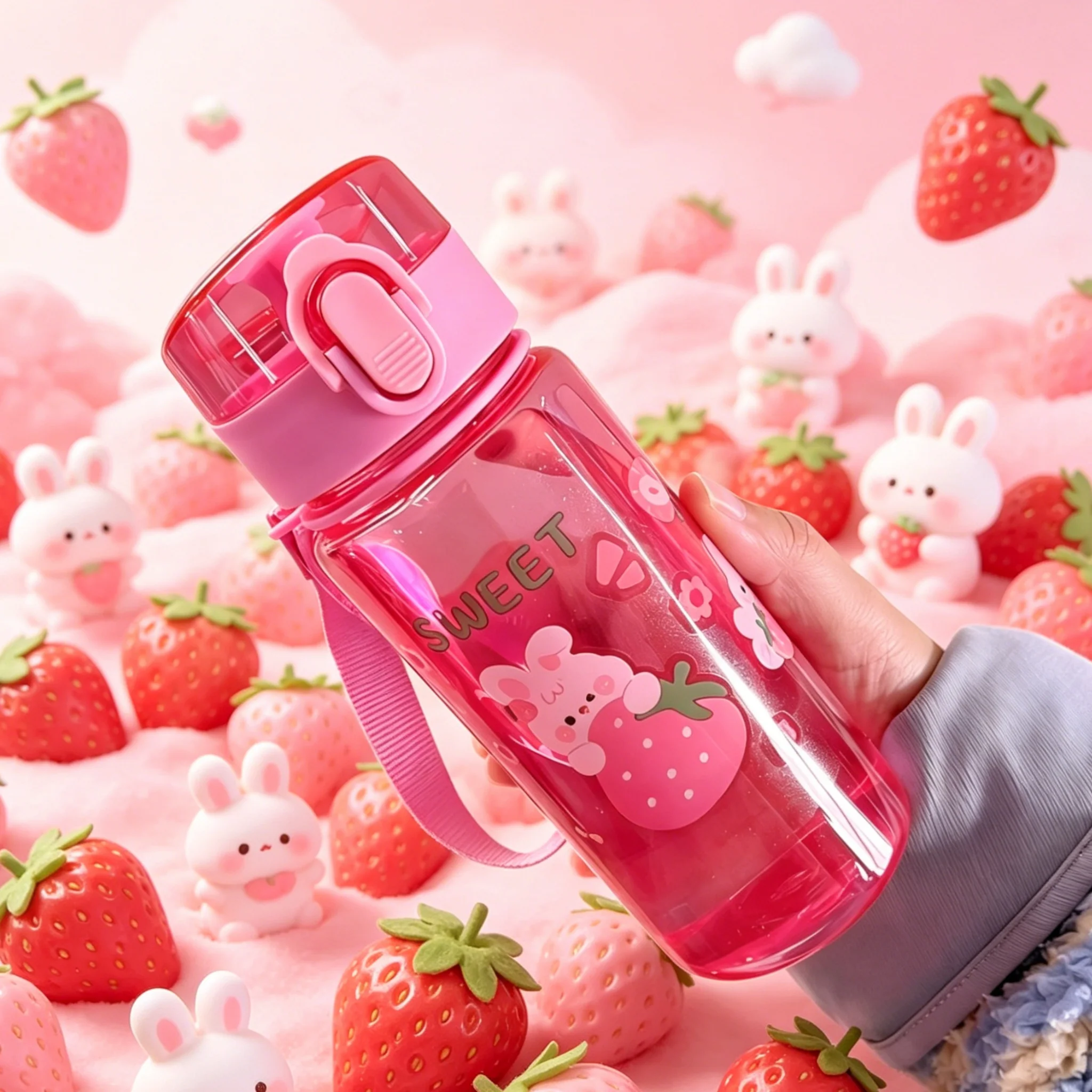 Transparent Minimalist Water Bottle with Cute Rabbit & Lemon Cartoon Pattern, Lightweight and Leak-Proof, Fitted with Portable