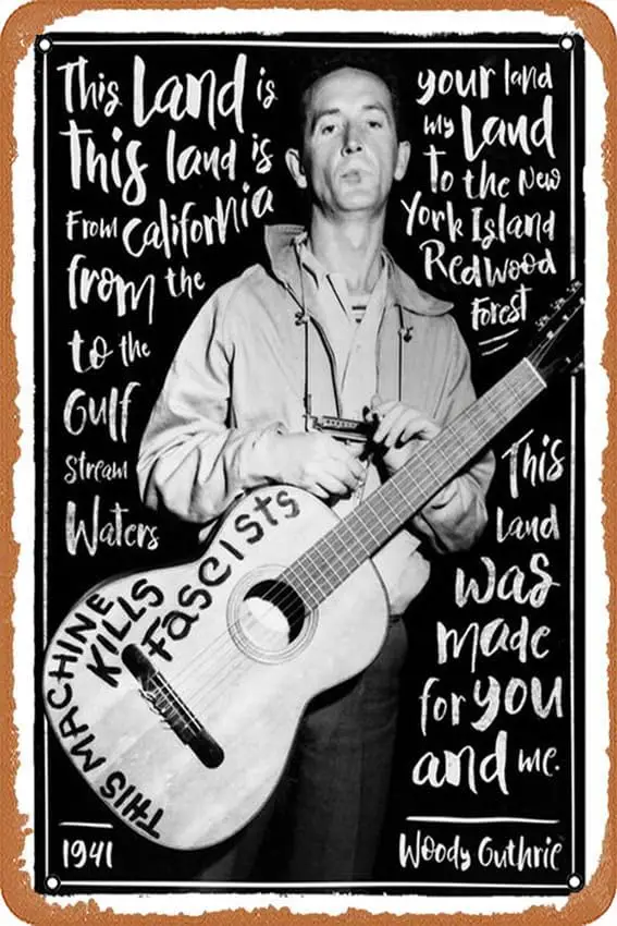 Affiche Woody Guthrie - This Land is Your Land, plaque en métal vintage 12" x 8", décoration murale pour la maison, le garage ou la cave des hommes