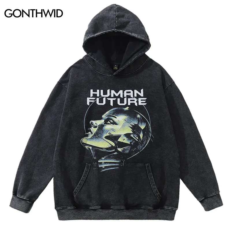 Men Vintage Hoodie Sweatshirt Y2K Streetwear Harajuku Robot Letter Print Oversized Hooded Hip Hop Punk Gothic Wash Cotton Tops