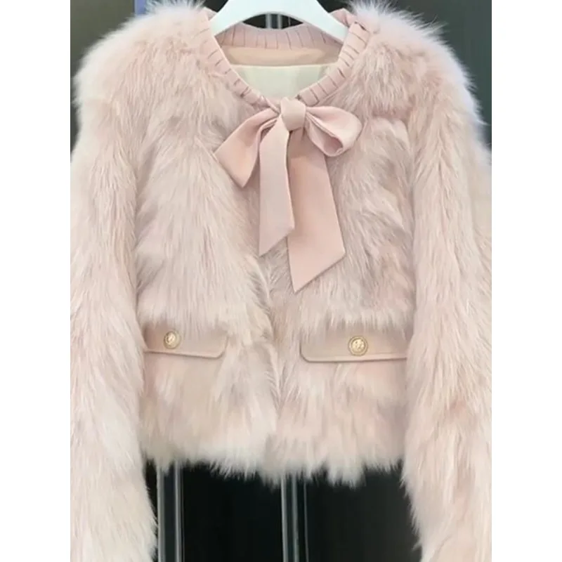 Women Pink  Eco-friendly Faux Fox Fur Short  Tassel Trim Designer  Ageing Jacket  Furry Top Warmth  Luxury Niche Jacket Women