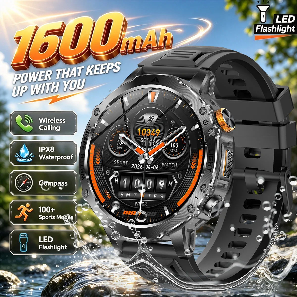 1400mAh Large Battery Military Smart Watch Men 1.7"HD Bluetooth Call 10ATM Waterproof LED Flash SOS Health Monitor Sport Watches