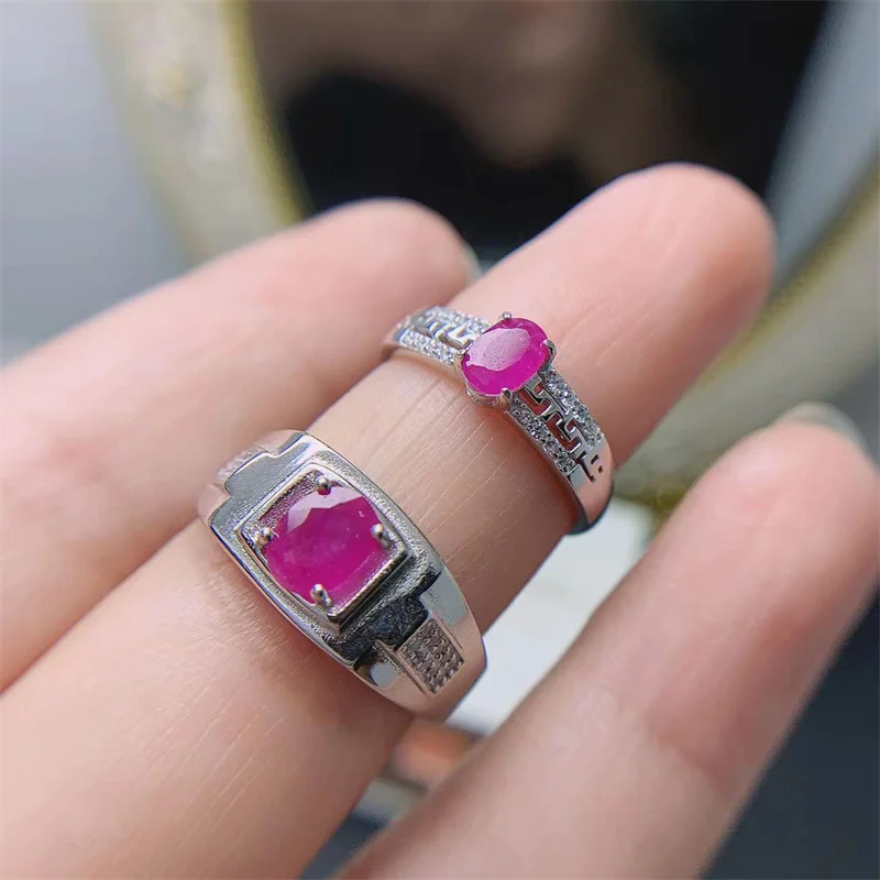 Natural Burmese Ruby Couple Ring 925 Silver Women Men Ring for Female Wedding Engagement Fine Jewelry Gift with Certificate