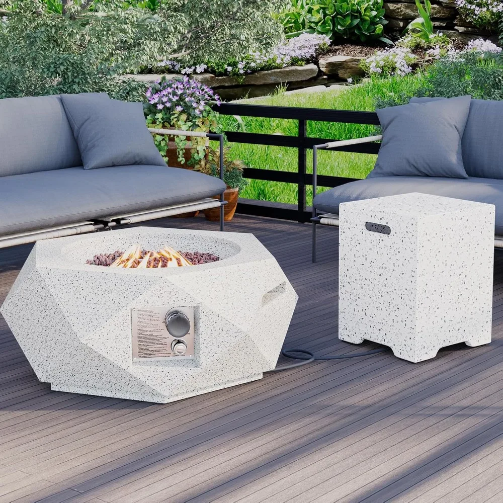 

Hexagon Fire Pit Table, Outdoor Propane Fire Pit Table w Free Lava Rocks & Rain Cover, Terrazzo Colorful Fire Pit w Tank Cover