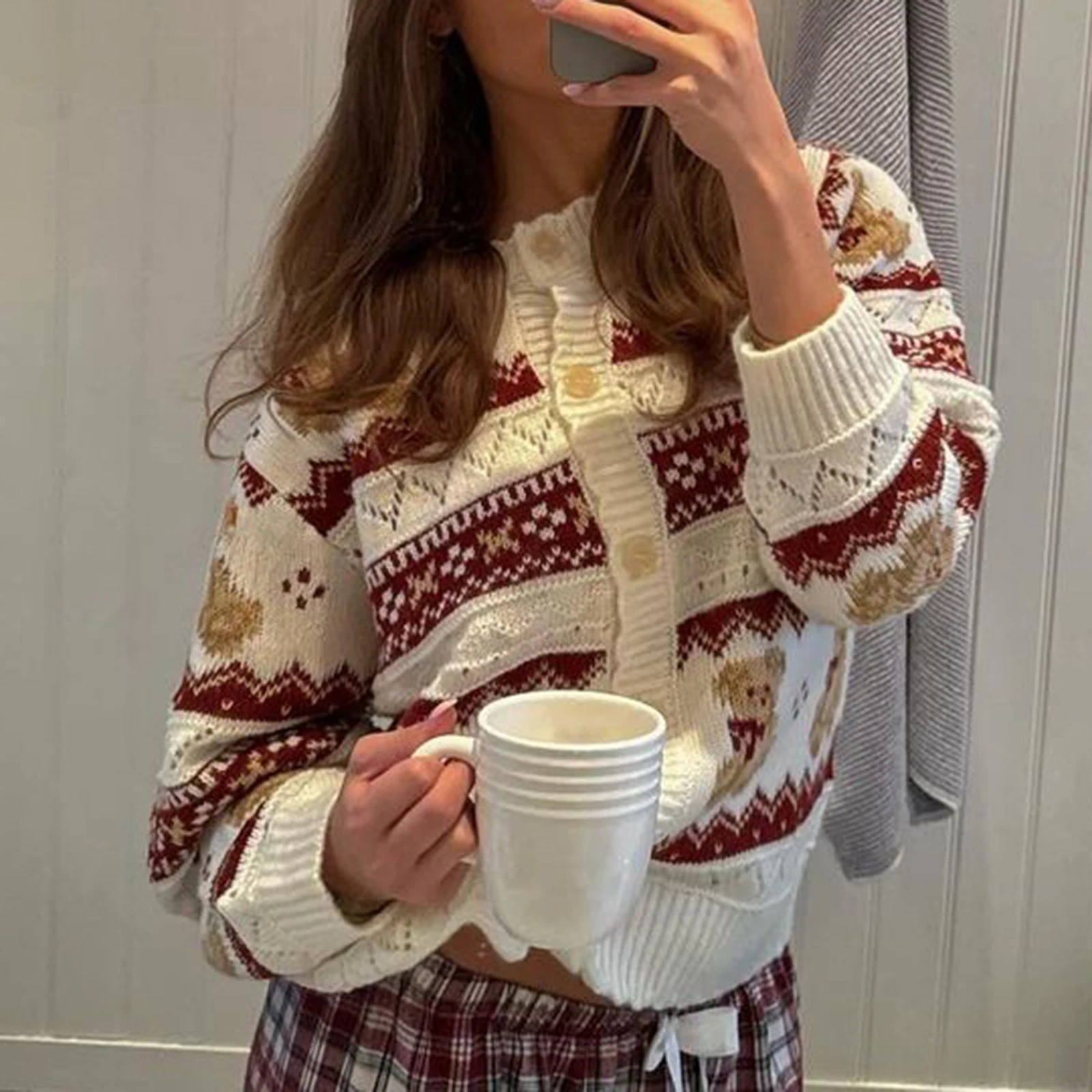 Women's Bear Print Cardigan Long Sleeve Drop Shoulder Crew Neck Button Down Sweater Knit Tops