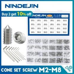 NINDEJIN altıgen soket seti vida kiti koni noktası paslanmaz çelik başsız Grub vida Assorment kiti M2 M2.5 M3 M4 M5 M6 M8