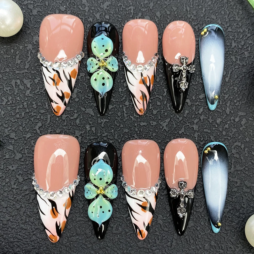 100% Handgefertigte Acrylnägel Glänzende UV-Gel Geschnitzte Aufklebenägel 10 Stück Individuelles Design Künstliche Fingernägel mit Klebstoff und Werkzeug