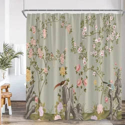 Chinese Style Shower Curtain Birds Classical Flower Tree Plant Asian Bathroom Decor Vintage Polyester Bath Curtain with Hook