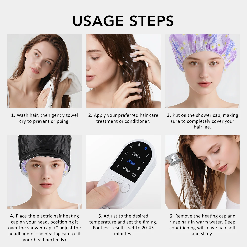 Elektrische Haardampfkappe, Haarheizkappe mit 3 Zeiteinstellungen und 10 Wärmestufen für den Heimgebrauch, thermische Haarpflegekappe für Tiefenpflege und SPA. – Detail 8