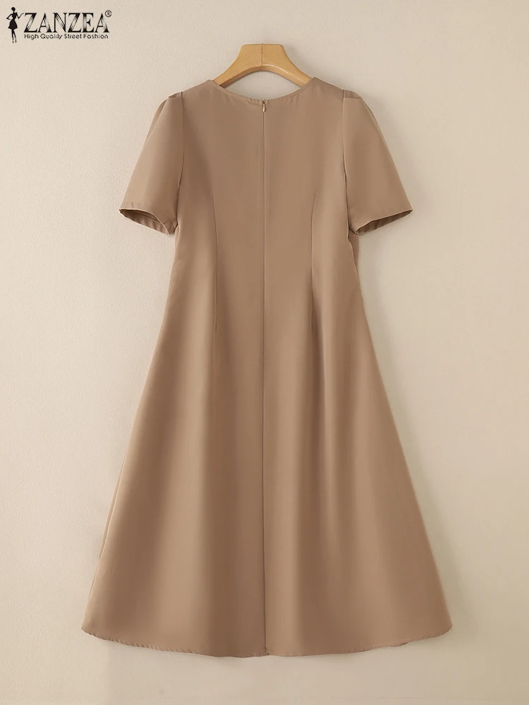 ZANZEA Women 2025 Fashion Robes Pleated Solid Color Streetwear O-Neck A-line Vestidos Short Puff Sleeve Elegant Midi Dresses