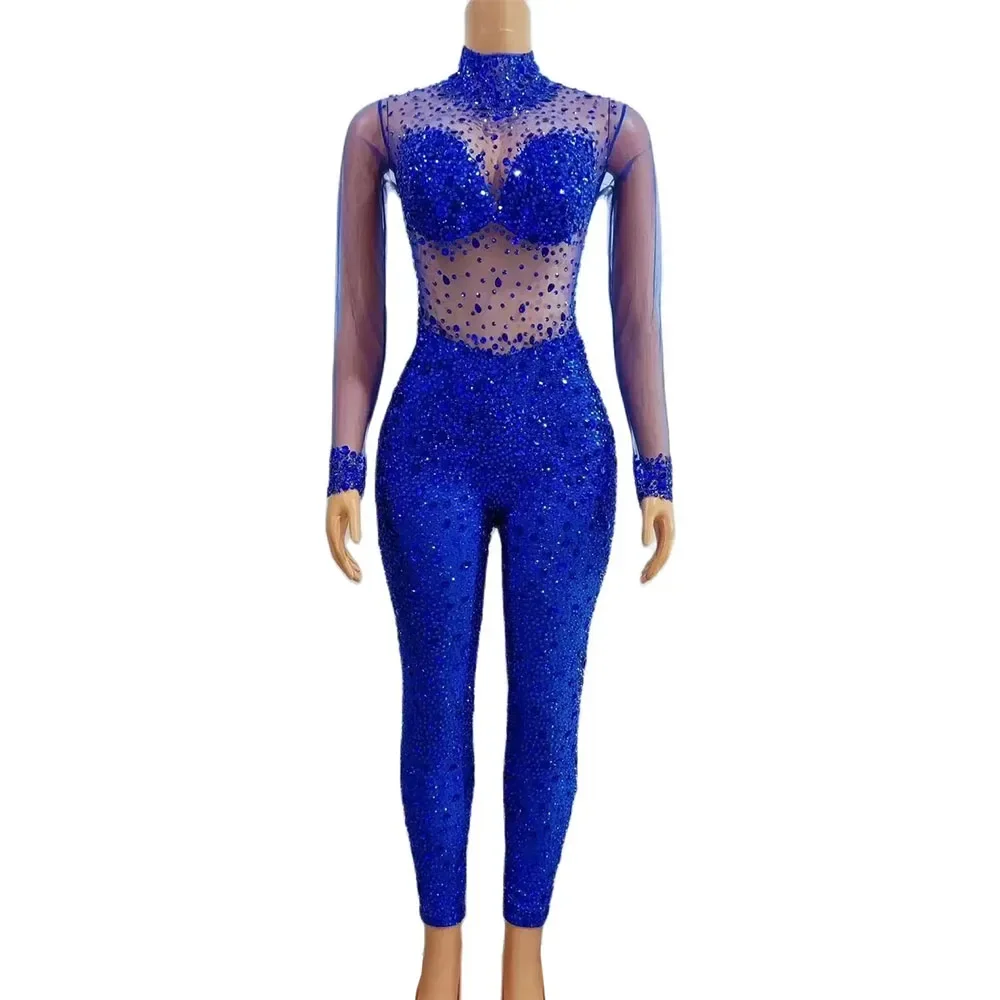 

Sparkly Blue Rhinestones Skinny Jumpsuit Women Long Sleeve Tights Prom Party Rompers Concert Singer Dancer Photoshoot Jumpsuit