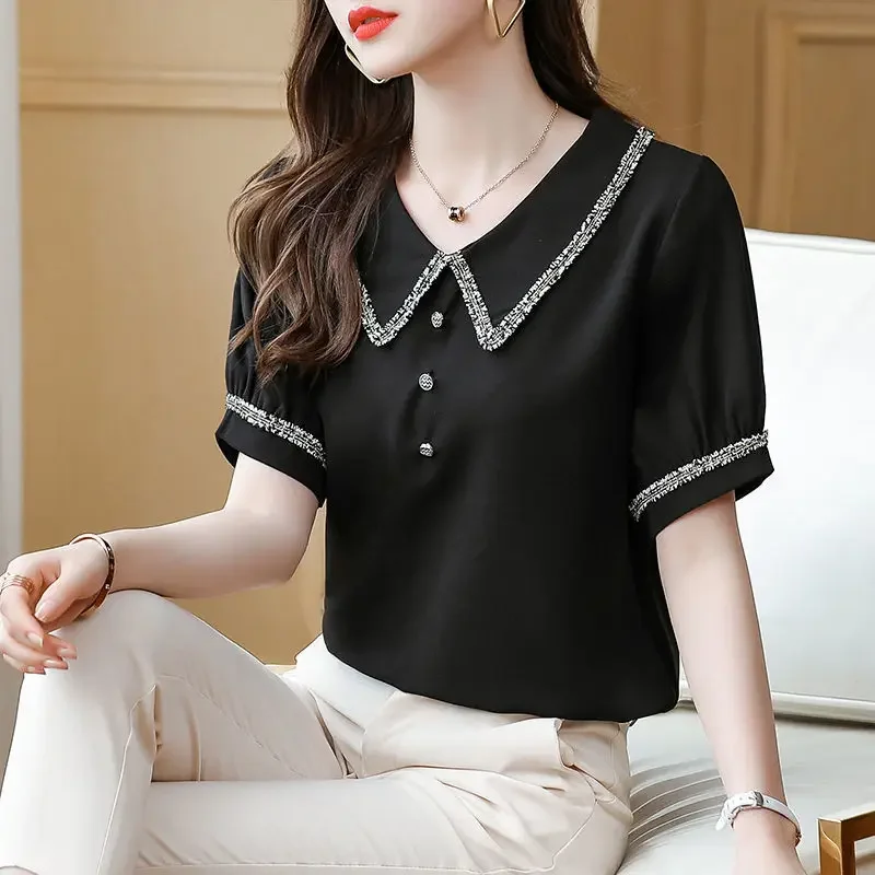 

Top for Woman Office Outfits Clothing Black Women's Shirts and Blouses Chiffon Wear to Work Formal Collar Short Sleeve XQ31