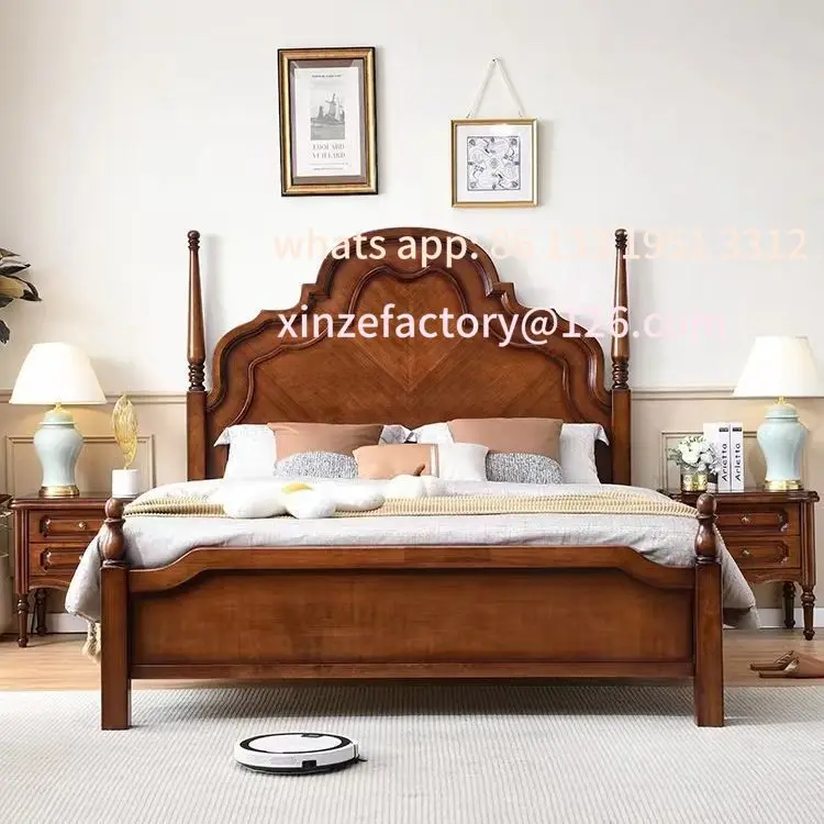 

Customizable American solid wood bed 1.8 meters double master bedroom marriage bed carved retro old Anna column storage bed