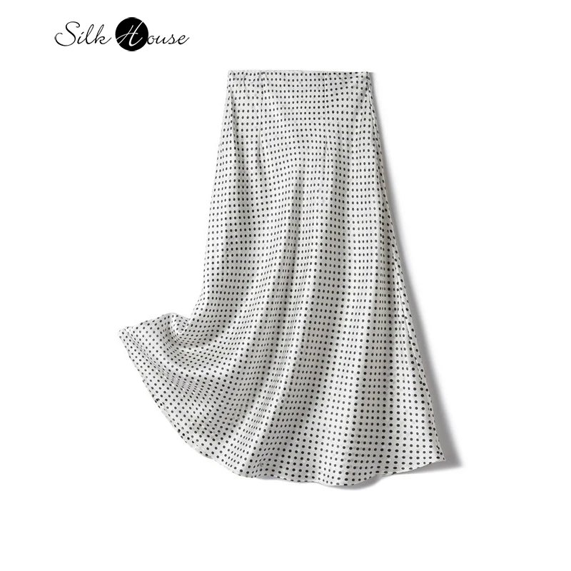 Heavy Weight 100% Natural Mulberry Silk Satin Women's High Waist Slim Fit White Polka Dot Wrap Hip Commuting Fishtail Skirt