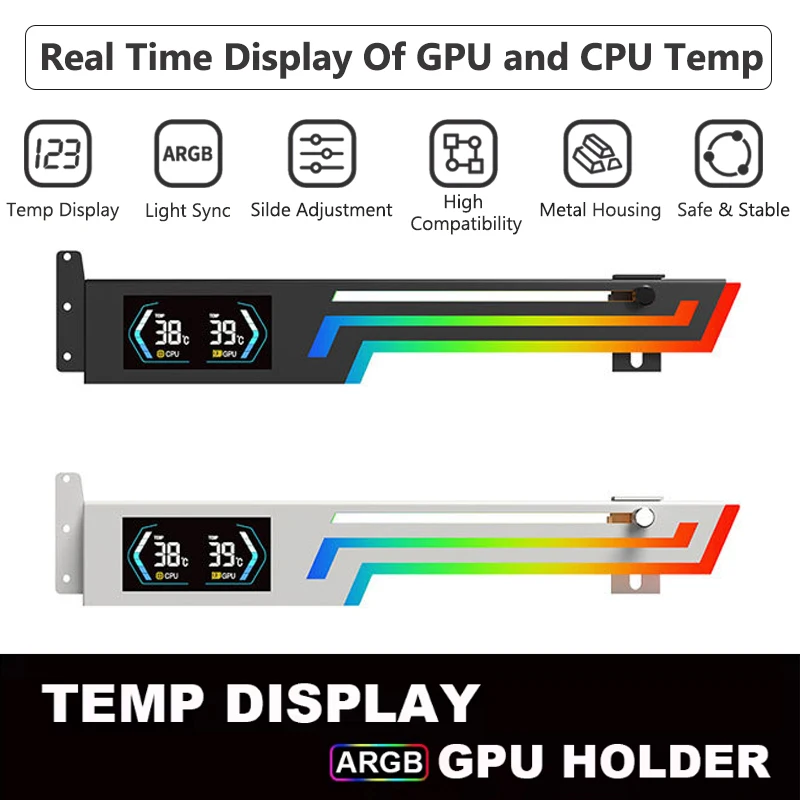 Z-X6 Temperature Display Graphics Card Bracket 5V 3-PIN ARGB AURA SYNC Graphics Card VGA Holder Height Adjustable