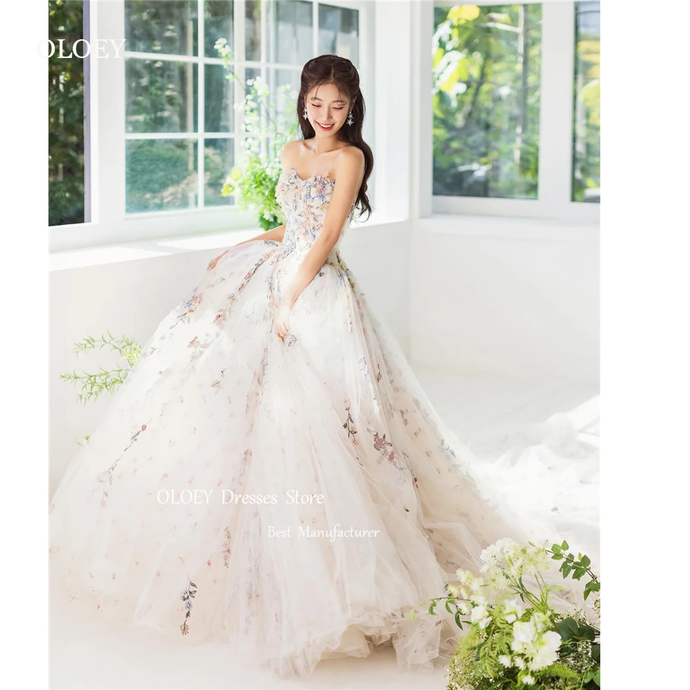 OLOEY vestidos de novia de tul con estampado de hadas, línea A, sesión de fotos de Corea, tren de barrido de corazón, vestidos de novia, corsé trasero, vestido de noche